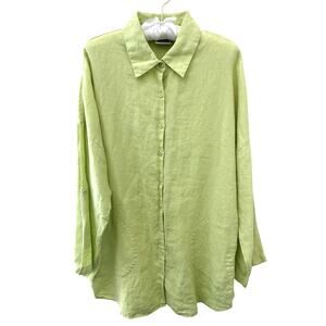 CHICO’S 100% Linen Button Down Shirt Tunic Lime Green Relaxed Fit | Size 2 Large